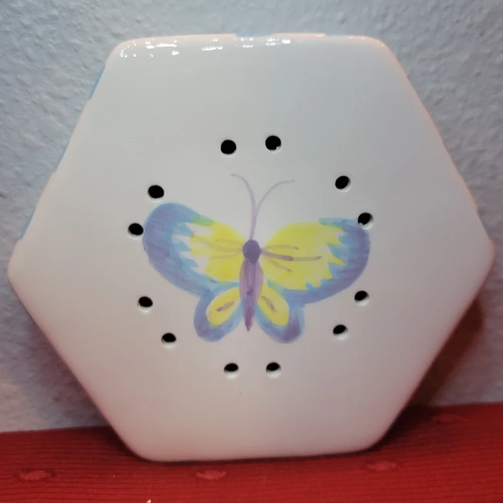 Vtg 2000 Butterfly Incense Potpourri Trinket Stash Ceramic Hexagon Lidded Box